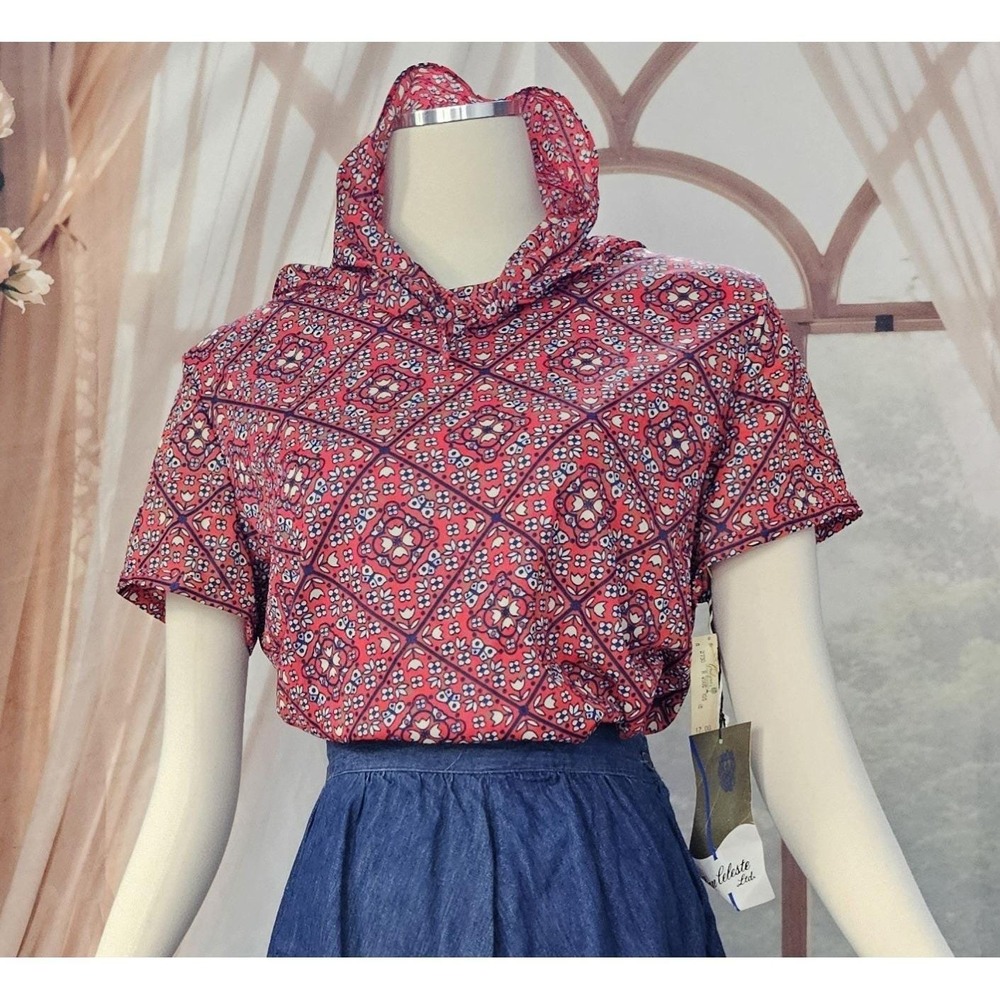 Vintage DEADSTOCK 1970s Blouse Scarf Set Red Blue Pattern Jean Celeste Ltd. - Picture 12 of 12